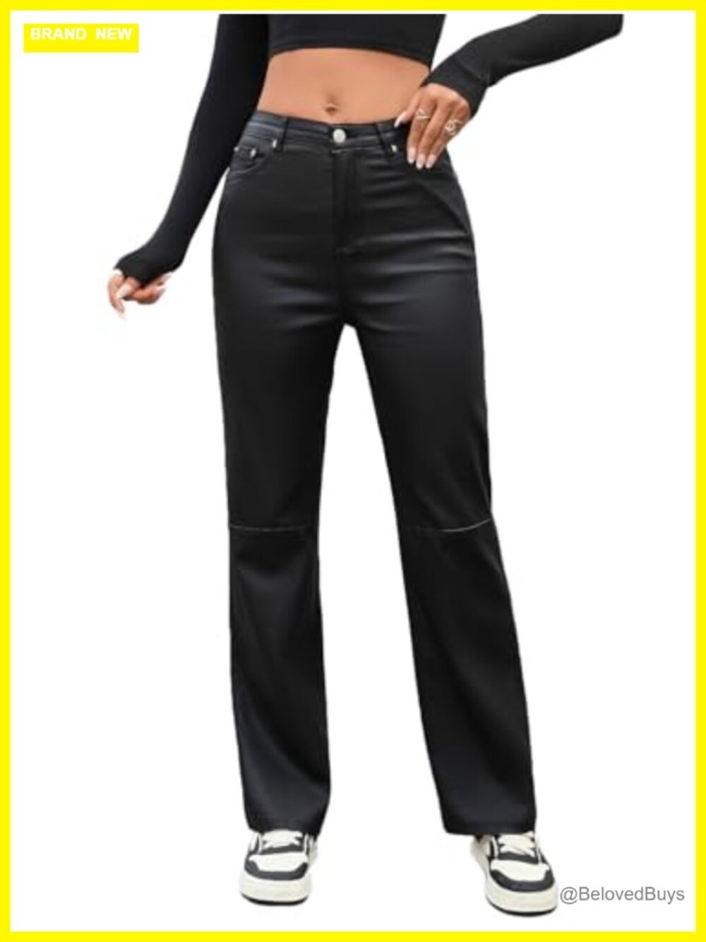 Faux Leather High Waist Straight Leg Pants with Pockets Bell Bottom Flare